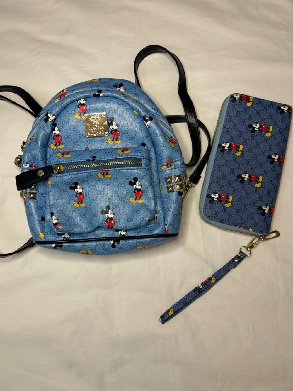 Blue Mini Backpack and Zip Wallet Set with micky mouse Print